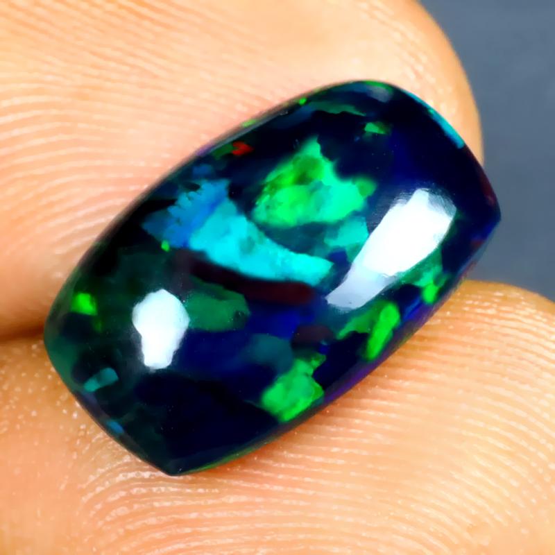 4.49 ct Eye-popping Cushion Cabochon (15 x 10 mm) Ethiopian 360 Degree Flashing Black Opal Natural Gemstone